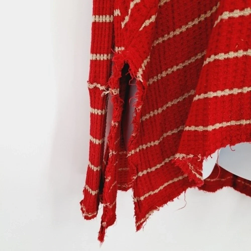 Free People Stop Sign‎ Red & Beige Stripe Waffle Knit Thermal Thrashed Raw Hem